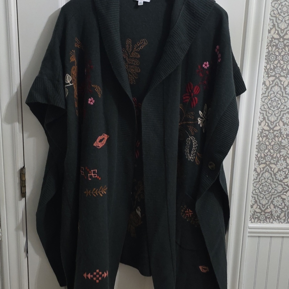 Johnny Was ZuZu Cape Floral Bird Embroidered Wool Cashmere Duster Sweater Hood - Picture 9 of 14